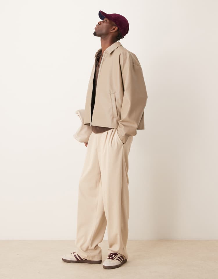 Original Leather Harrington Jacket �?Beige Boxy Oversized Fit | Cowskin Jackets