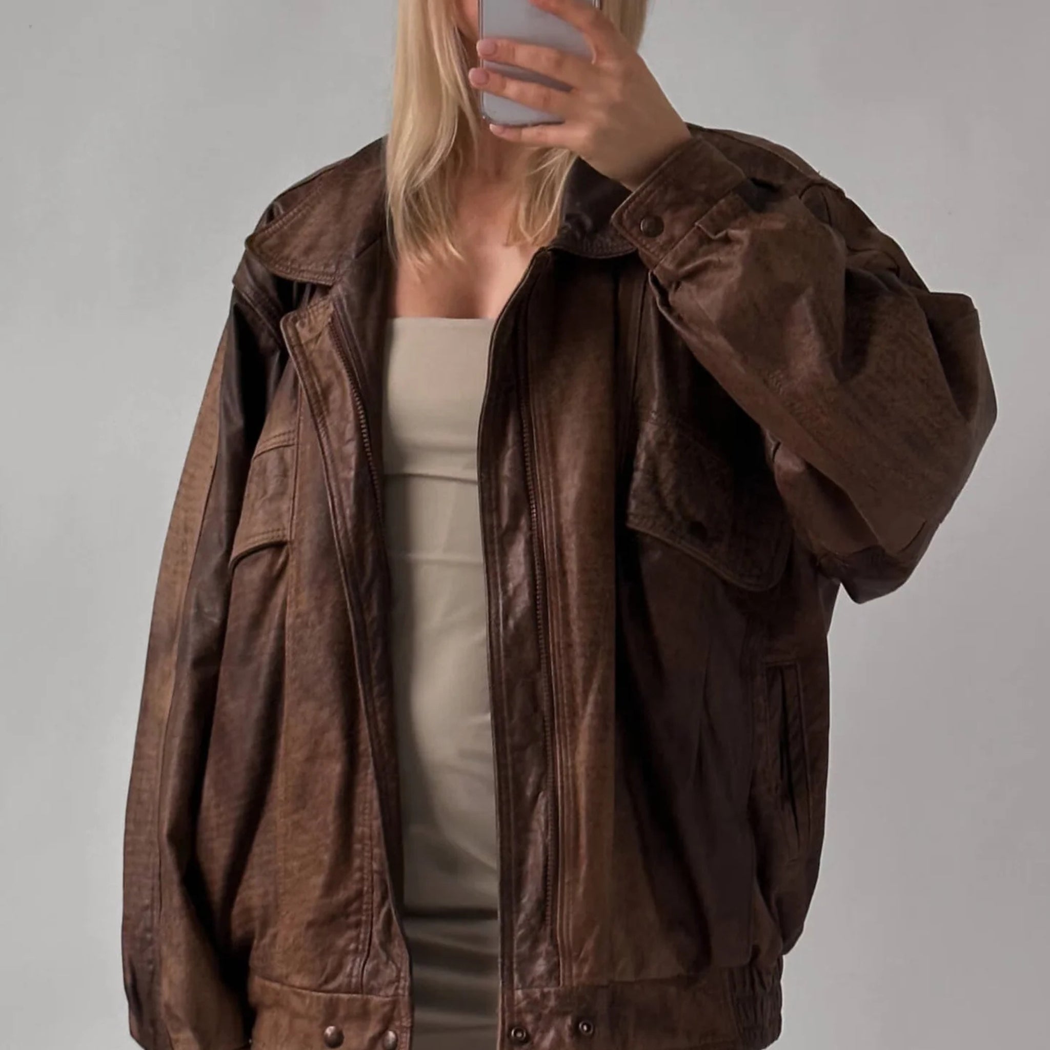 Oversized Leather Jacket Women Real Lambskin Distressed Brown Coat Bomber Jacket